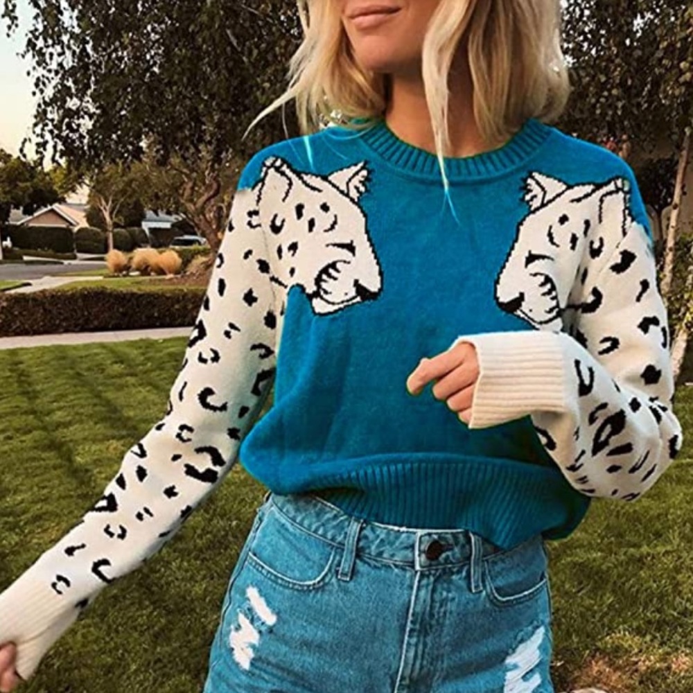 Blue Leopard-Sleeved Crewneck Sweater